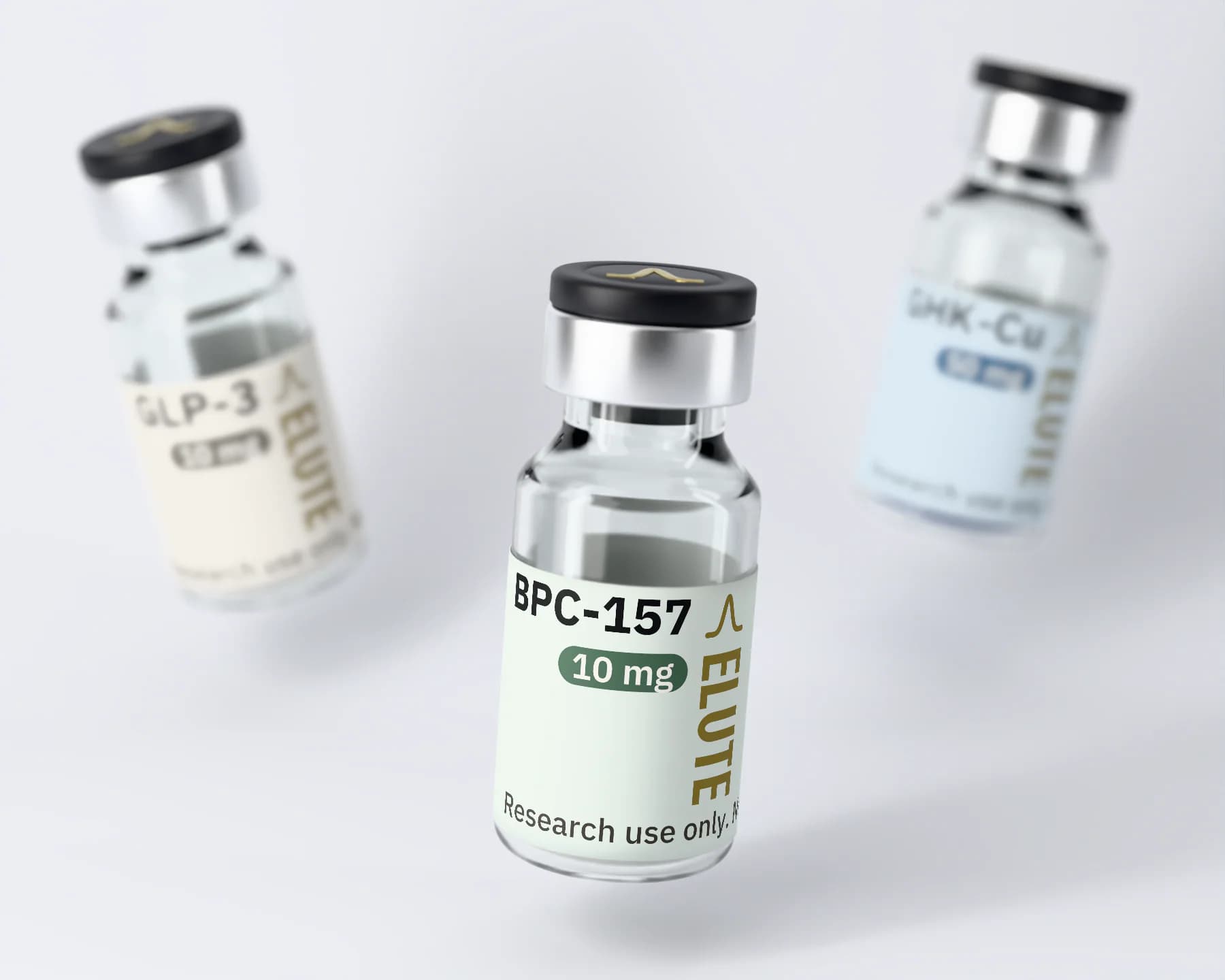 BPC-157, GHK-Cu, GLP-3 vials with their printed labels